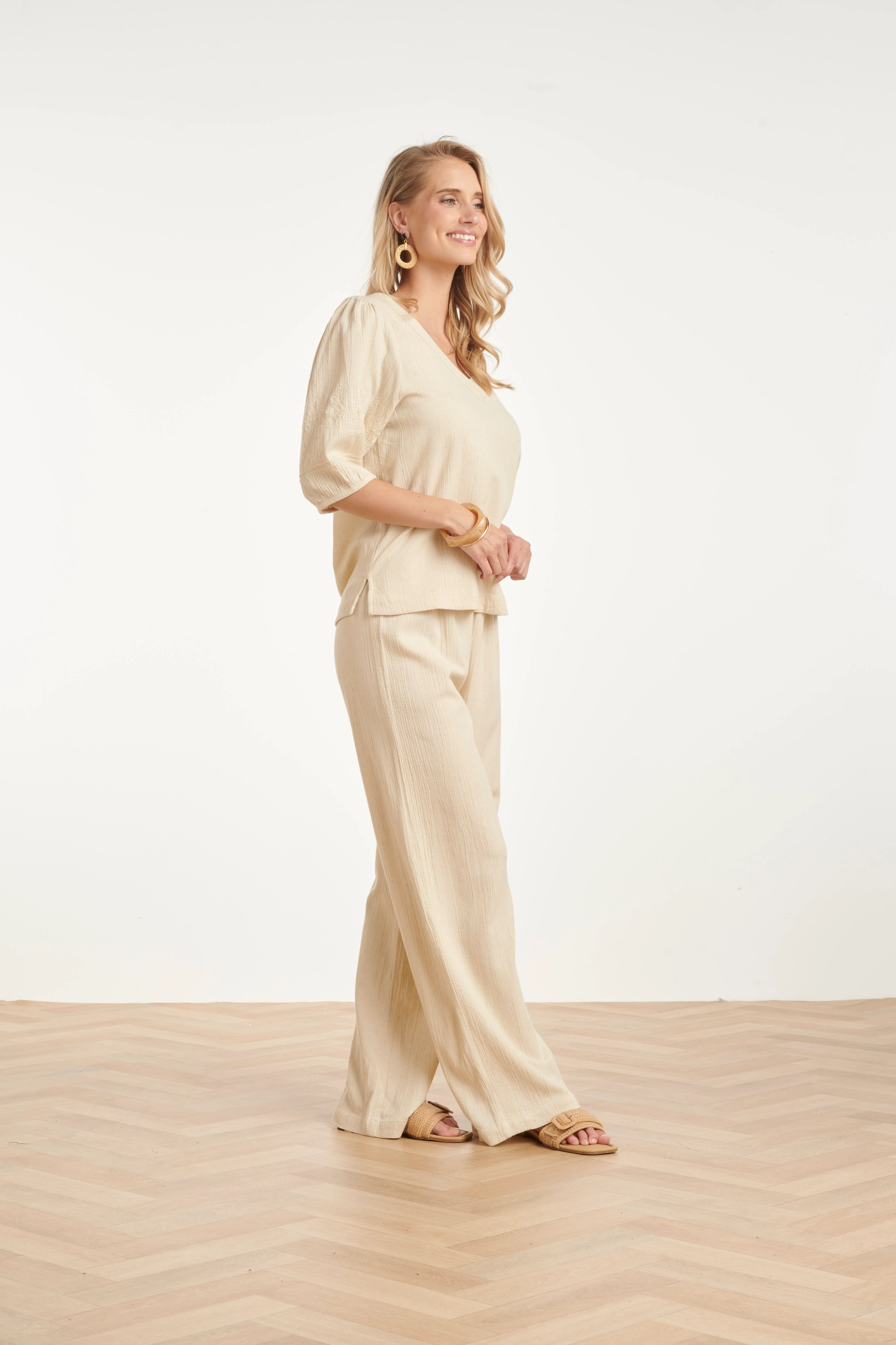 Linnen Look Wide Leg Broek In Crème Beige | Off White - Image 5