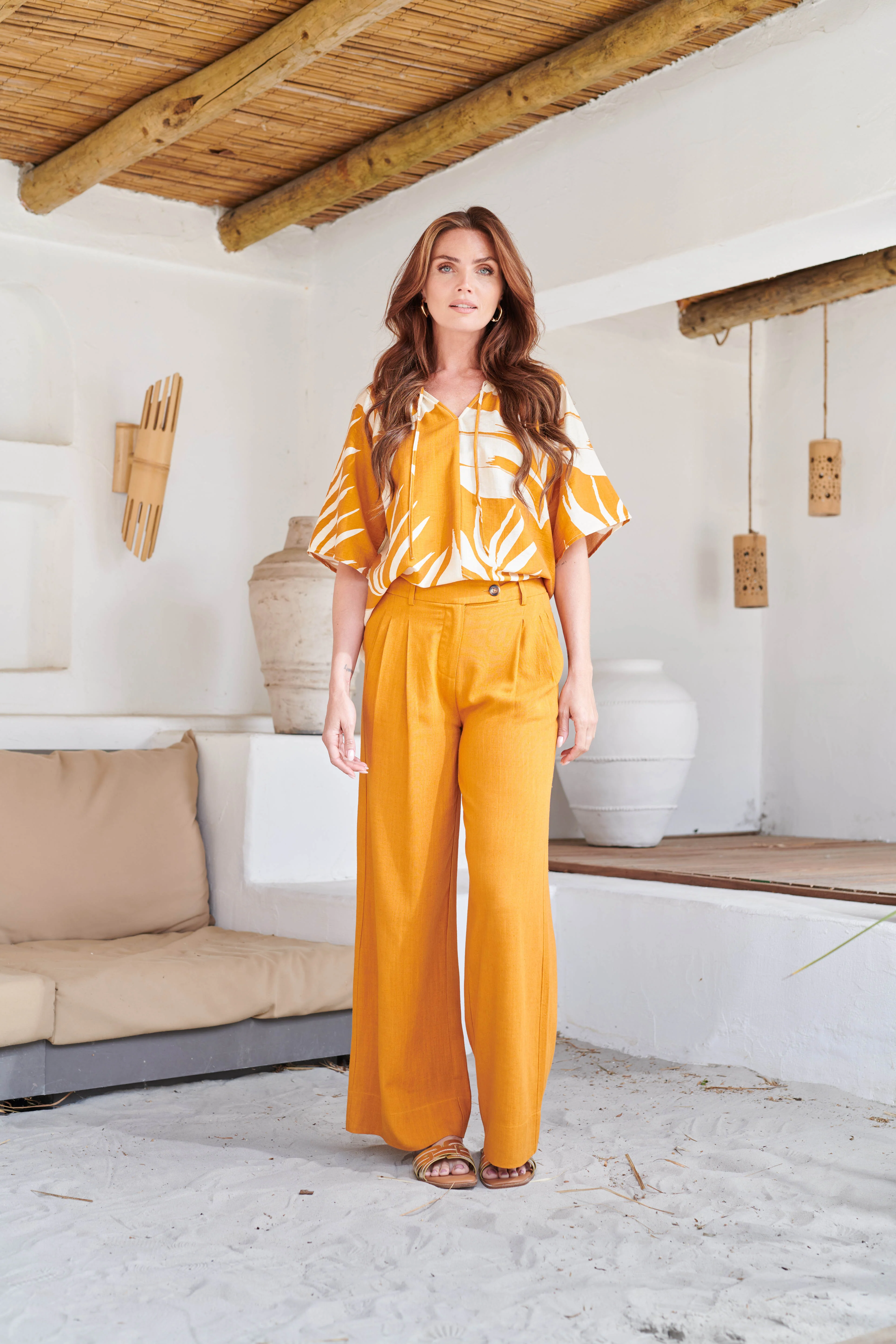 Linnen Wide Leg Pantalon | Mustard - Image 8