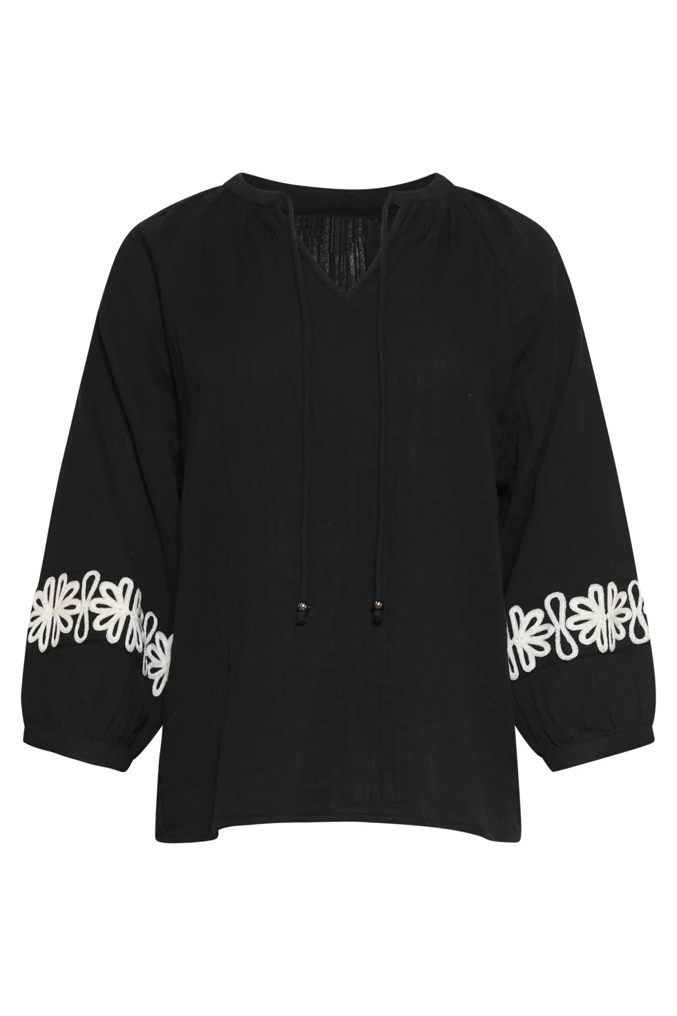 Luchtige Blouse Met Contrasterende Borduring | Black - Off White - Image 11