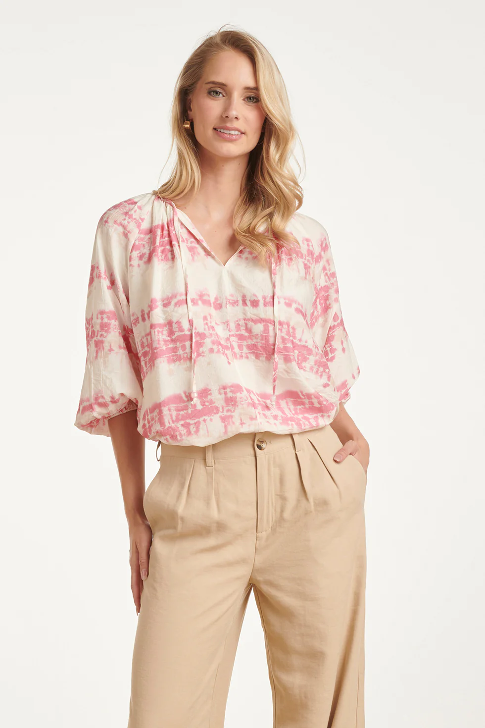 Luchtige Blouse Met Roze Tie-Dye Print | Old Pink - Sand