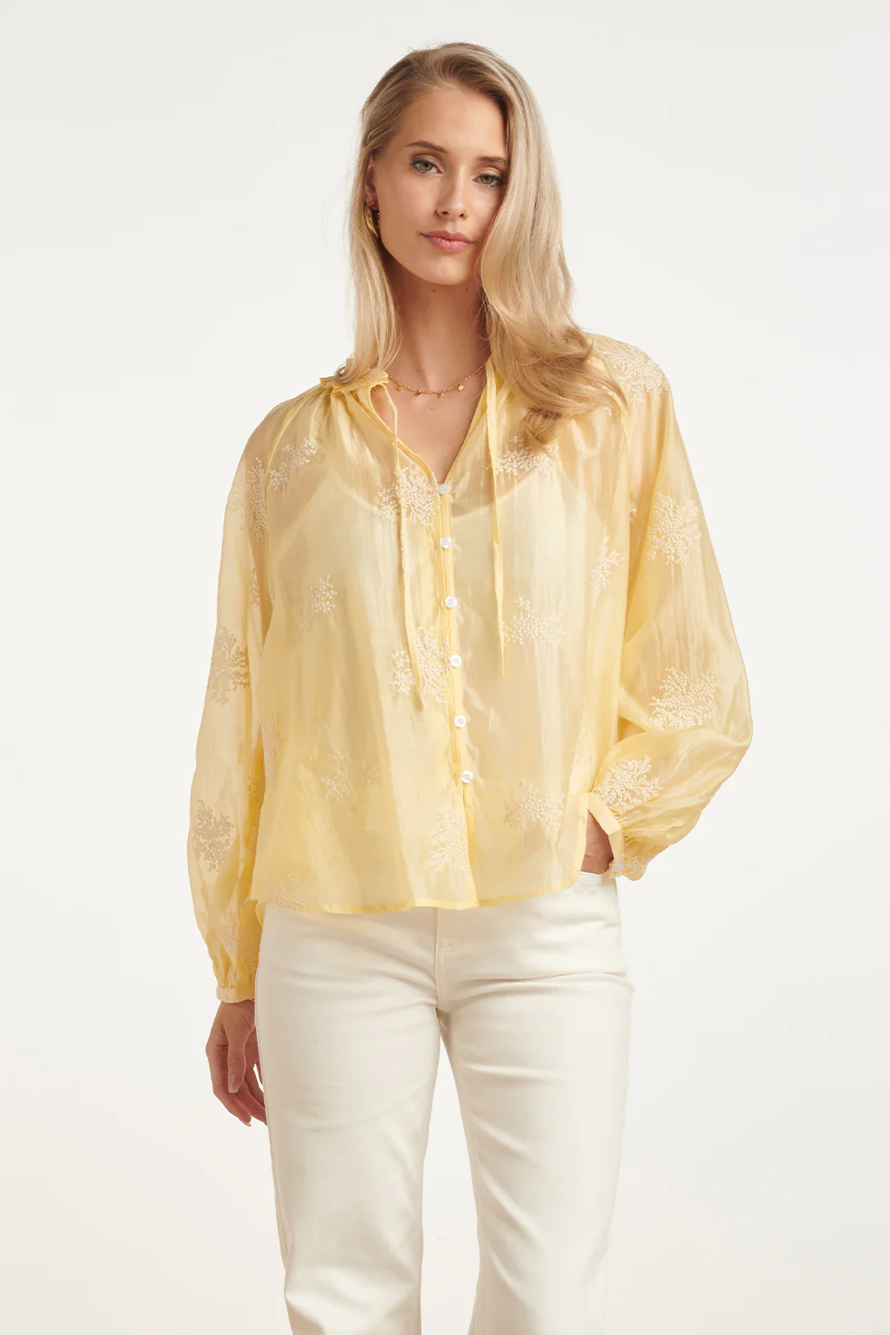 Luchtige Boho-Blouse Met Geborduurde Print | Light Yellow
