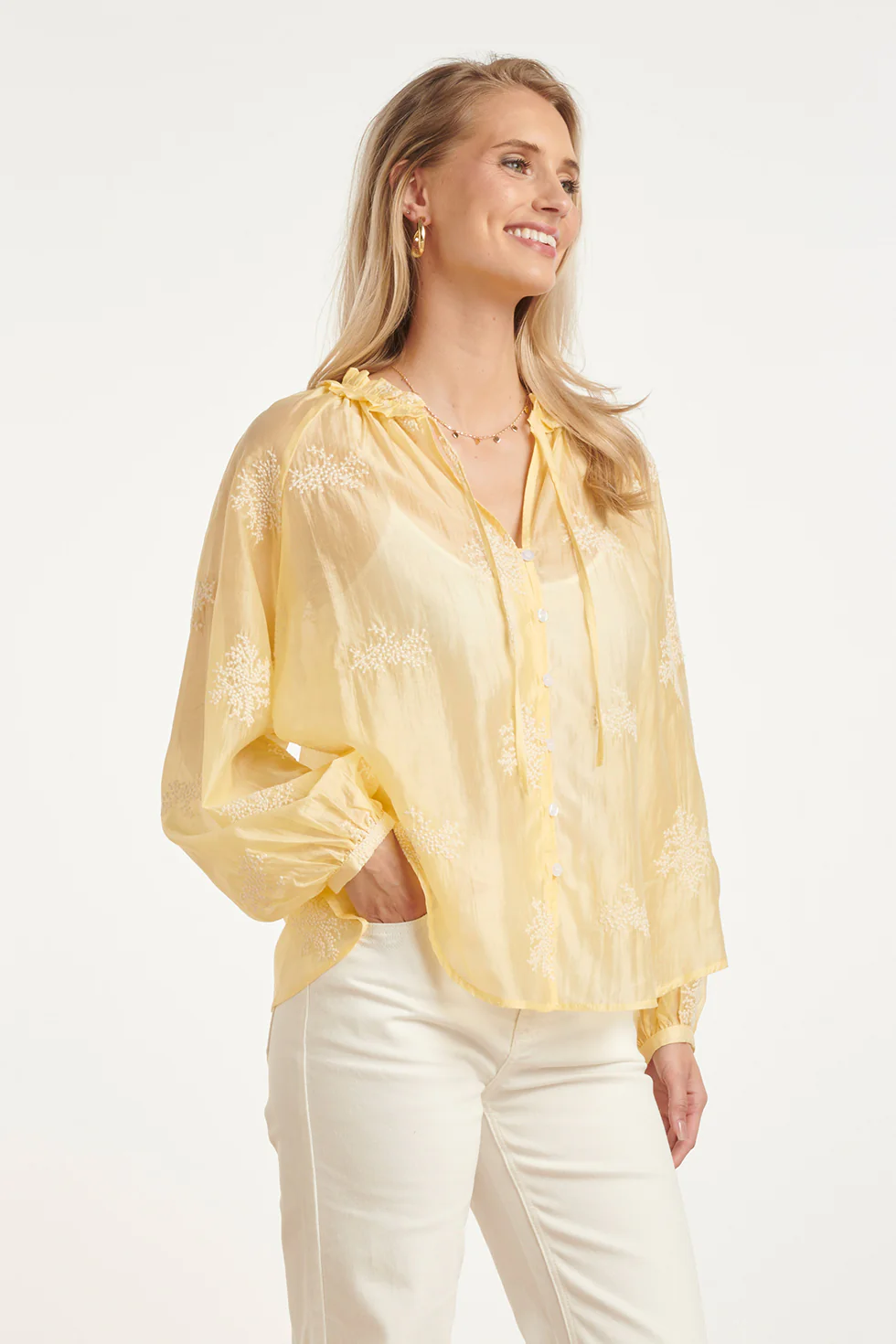 Luchtige Boho-Blouse Met Geborduurde Print | Light Yellow - Image 4