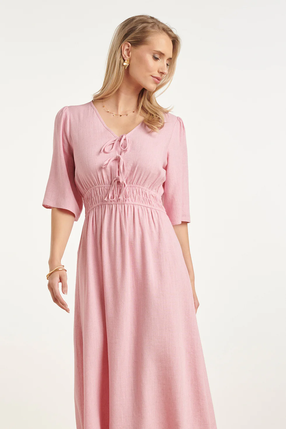 Luchtige Linnen Midi-Jurk Met Vetersluiting | Pink - Image 3