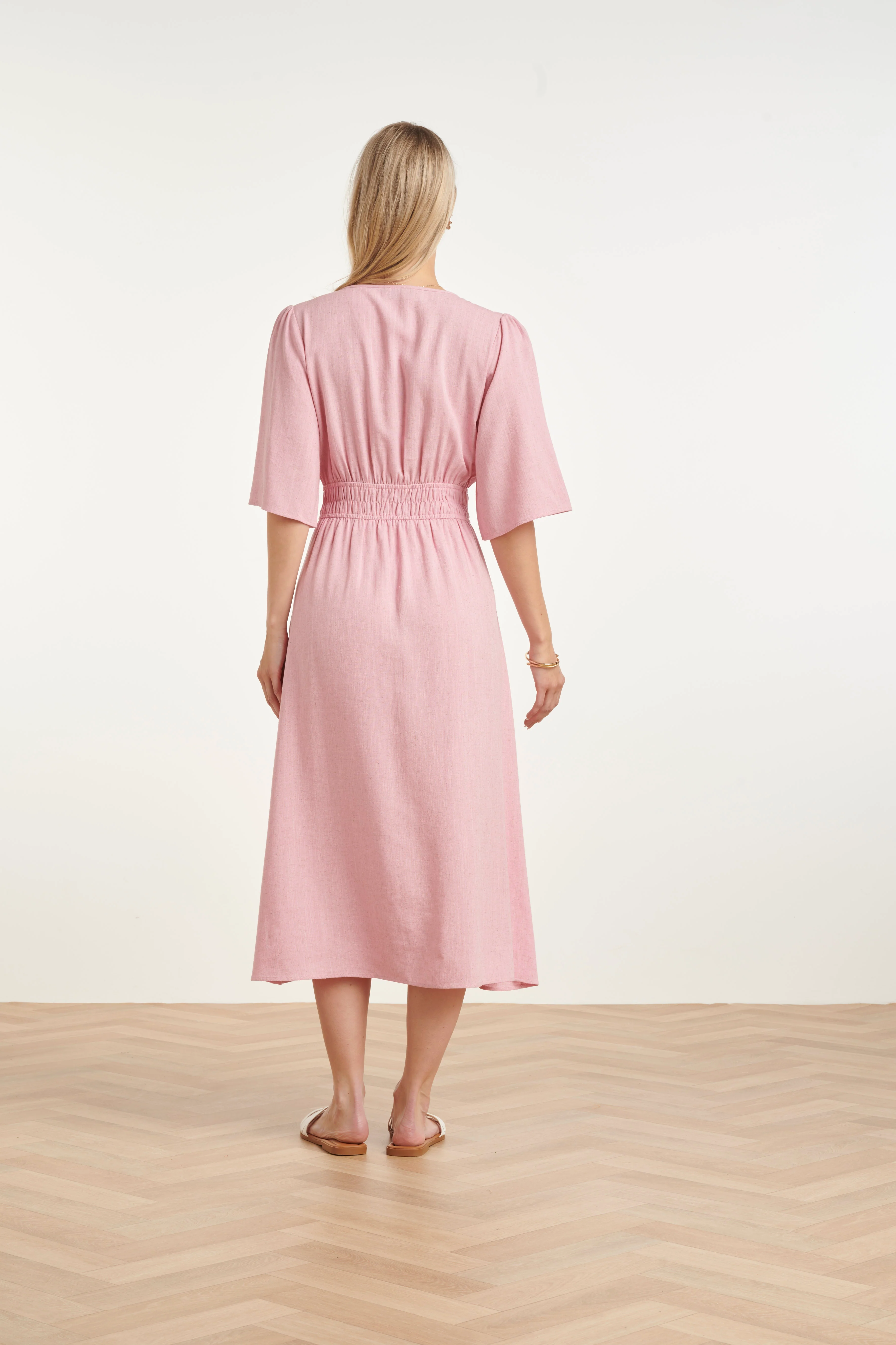 Luchtige Linnen Midi-Jurk Met Vetersluiting | Pink - Image 6