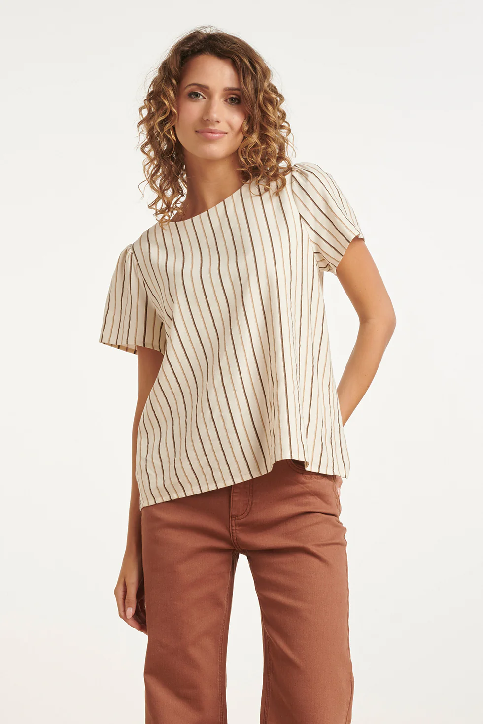 Luchtige Top Met Verticale Streep Print | Sand - Brown