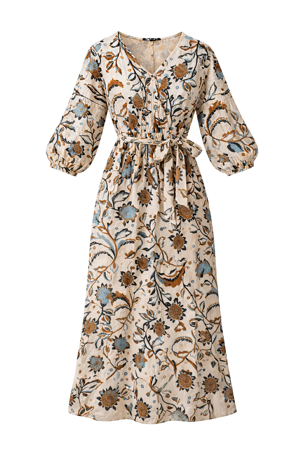 Maxi Jurk Met Bloemenprint In Beige, Blauw En Bruin | Muticolour - Image 2