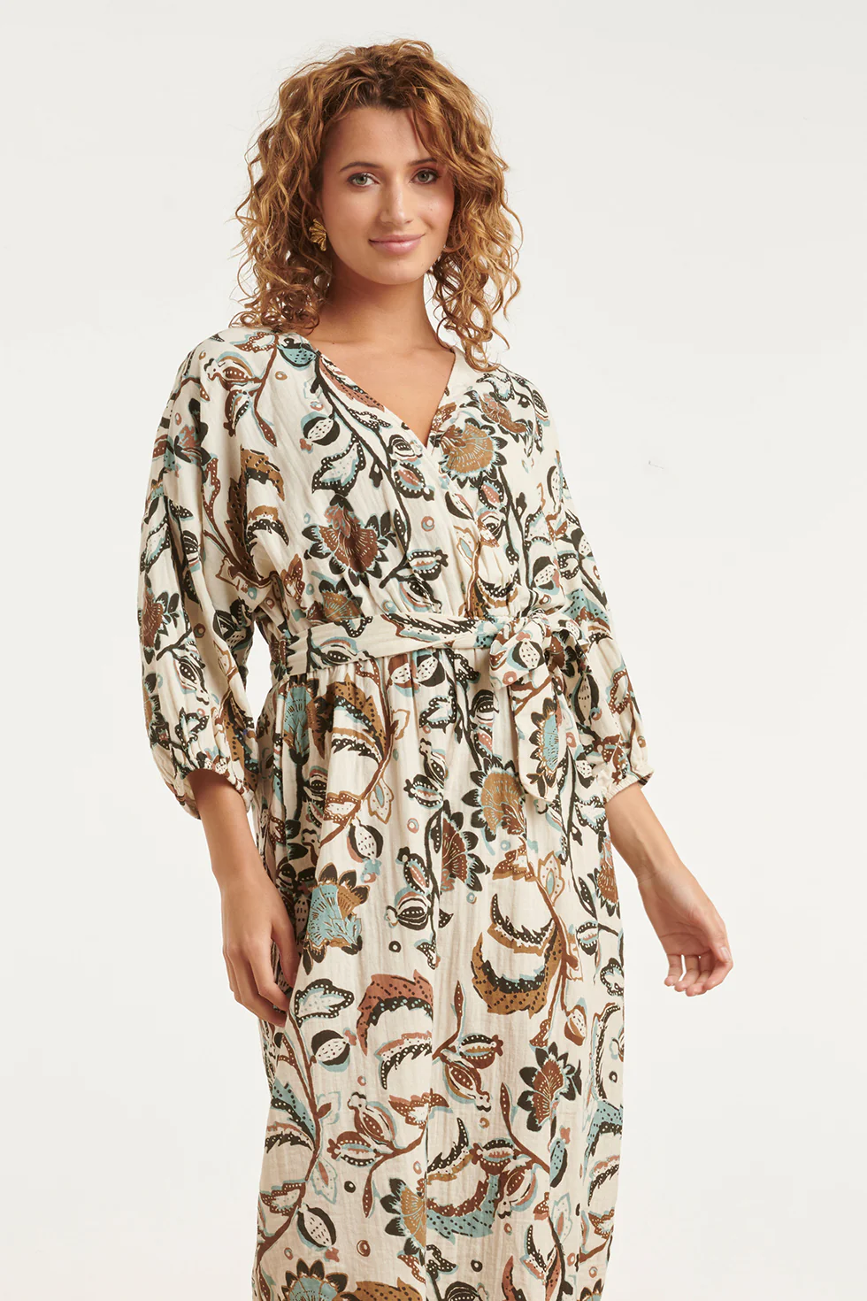 Maxi Jurk Met Bloemenprint In Beige, Blauw En Bruin | Muticolour - Image 3