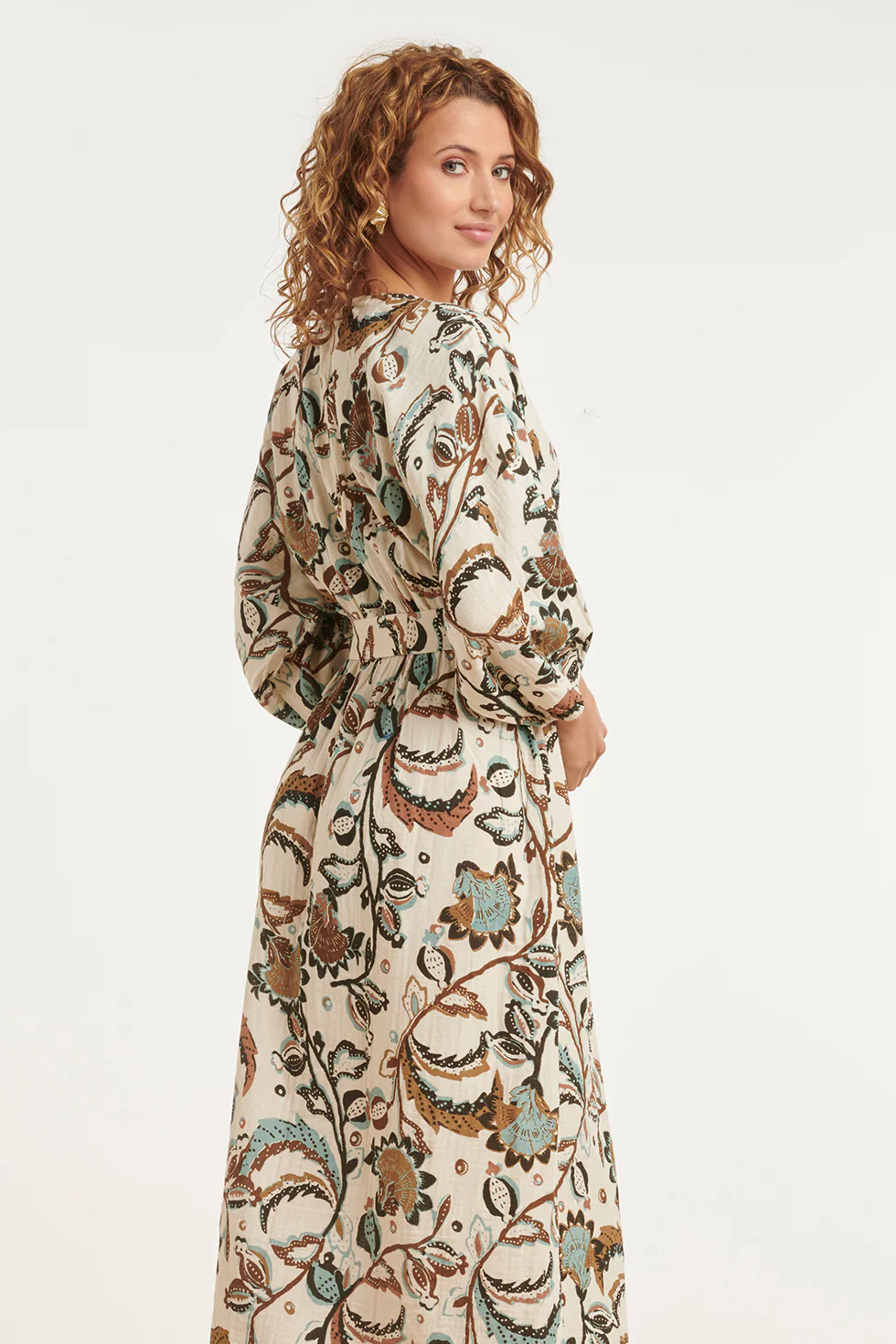 Maxi Jurk Met Bloemenprint In Beige, Blauw En Bruin | Muticolour - Image 5