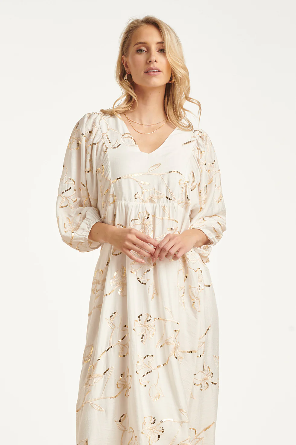 Maxi Jurk Met Gouden Borduursels En Pailletten | Off White - Gold - Image 6