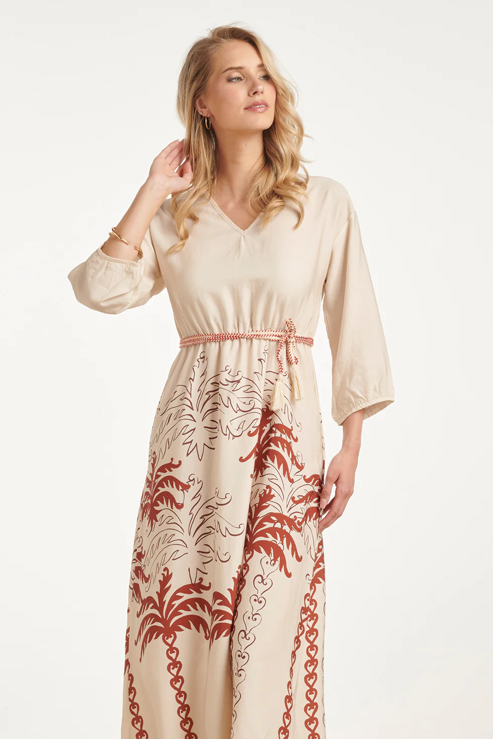 Maxi-Jurk Met Roest En Zand Palm Print En Tassel-Ceintuur | Sand - Brique - Image 3