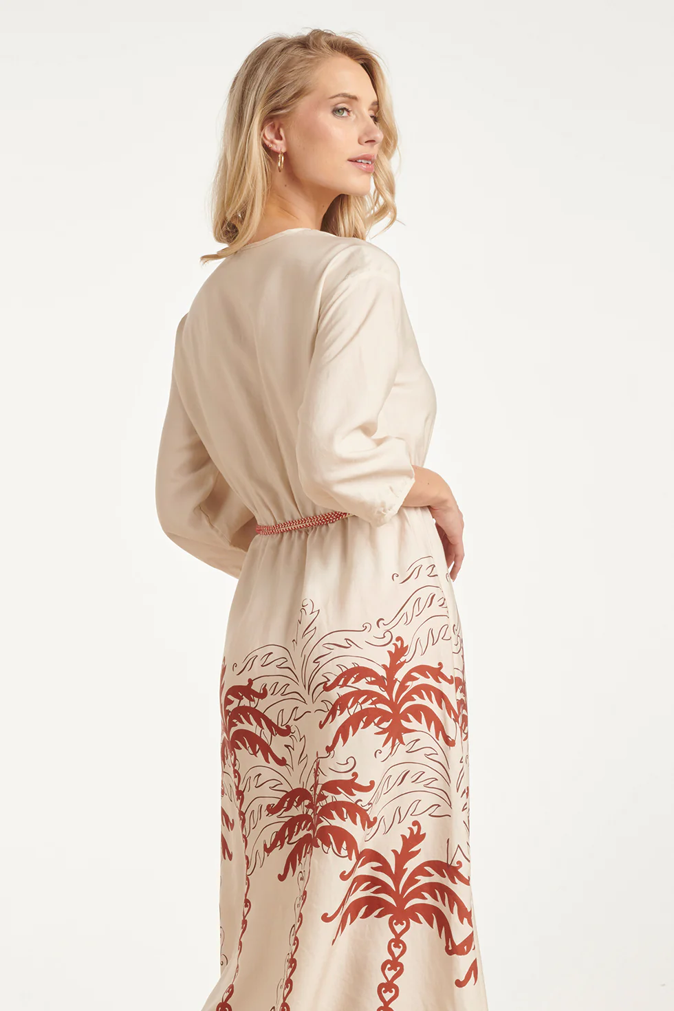 Maxi-Jurk Met Roest En Zand Palm Print En Tassel-Ceintuur | Sand - Brique - Image 5