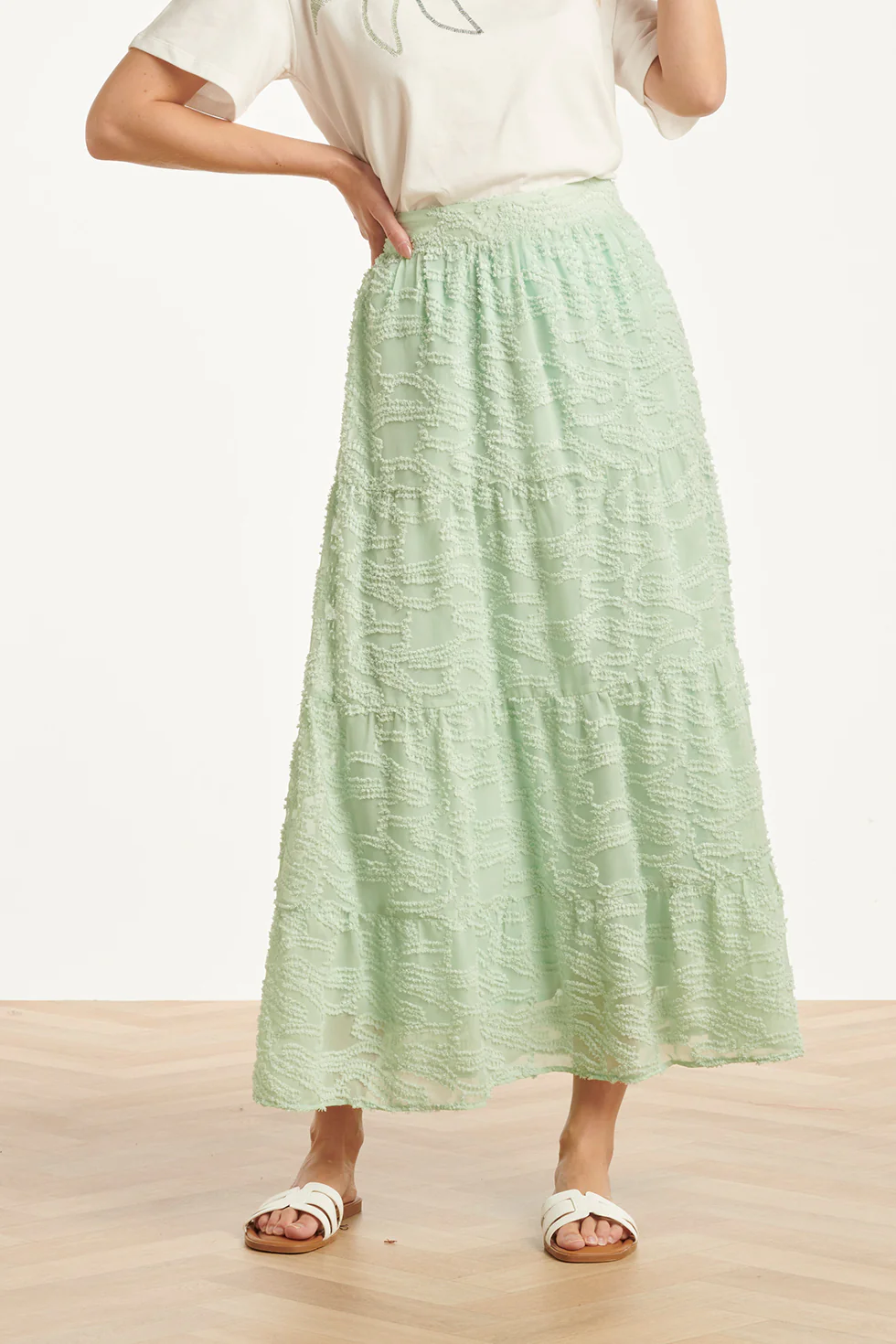 Maxi Rok Met Abstracte Structuur En Elastische Taille | Soft Green - Image 6