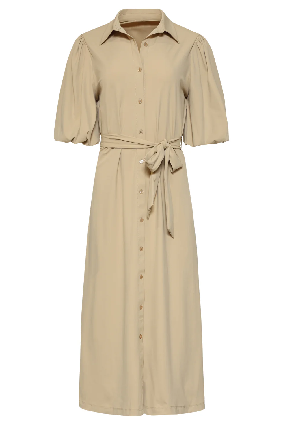 Midi Doorknoopjurk In Luxe Travelstof Met Stretch | Dark Sand - Image 2