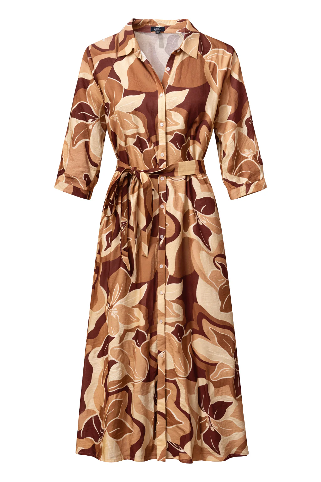 Midi Jurk Met Bloemenprint In Bruin En Beige En Ceintuur | Muticolour - Image 2