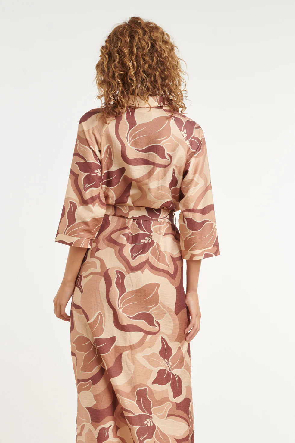 Midi Jurk Met Bloemenprint In Bruin En Beige En Ceintuur | Muticolour - Image 6