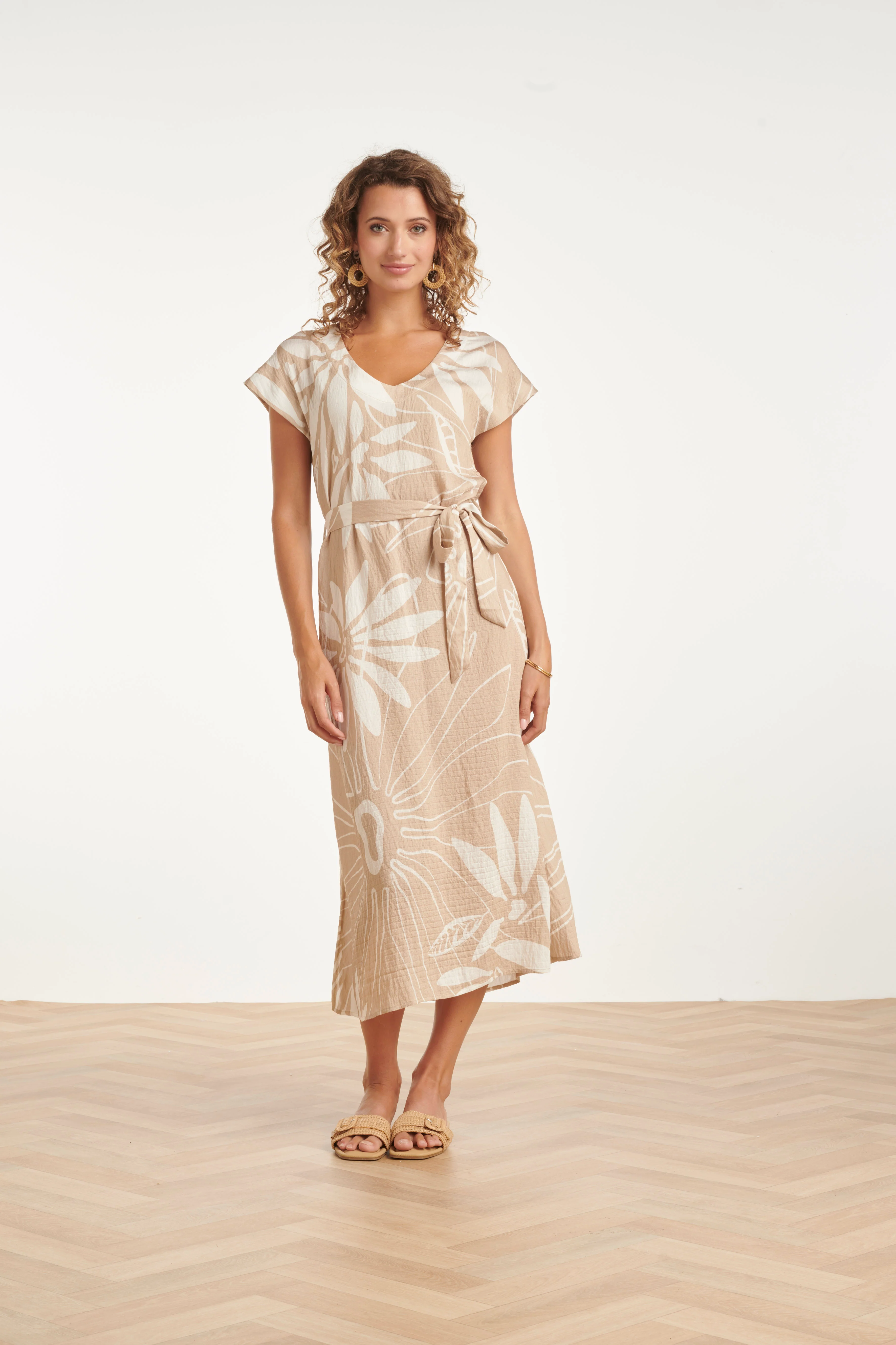 Midi-Jurk Met Bloemprint En Korte Mouwen - Beige/Wit | Dark Sand - Off White