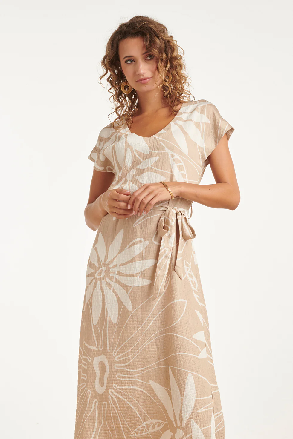 Midi-Jurk Met Bloemprint En Korte Mouwen - Beige/Wit | Dark Sand - Off White - Image 3