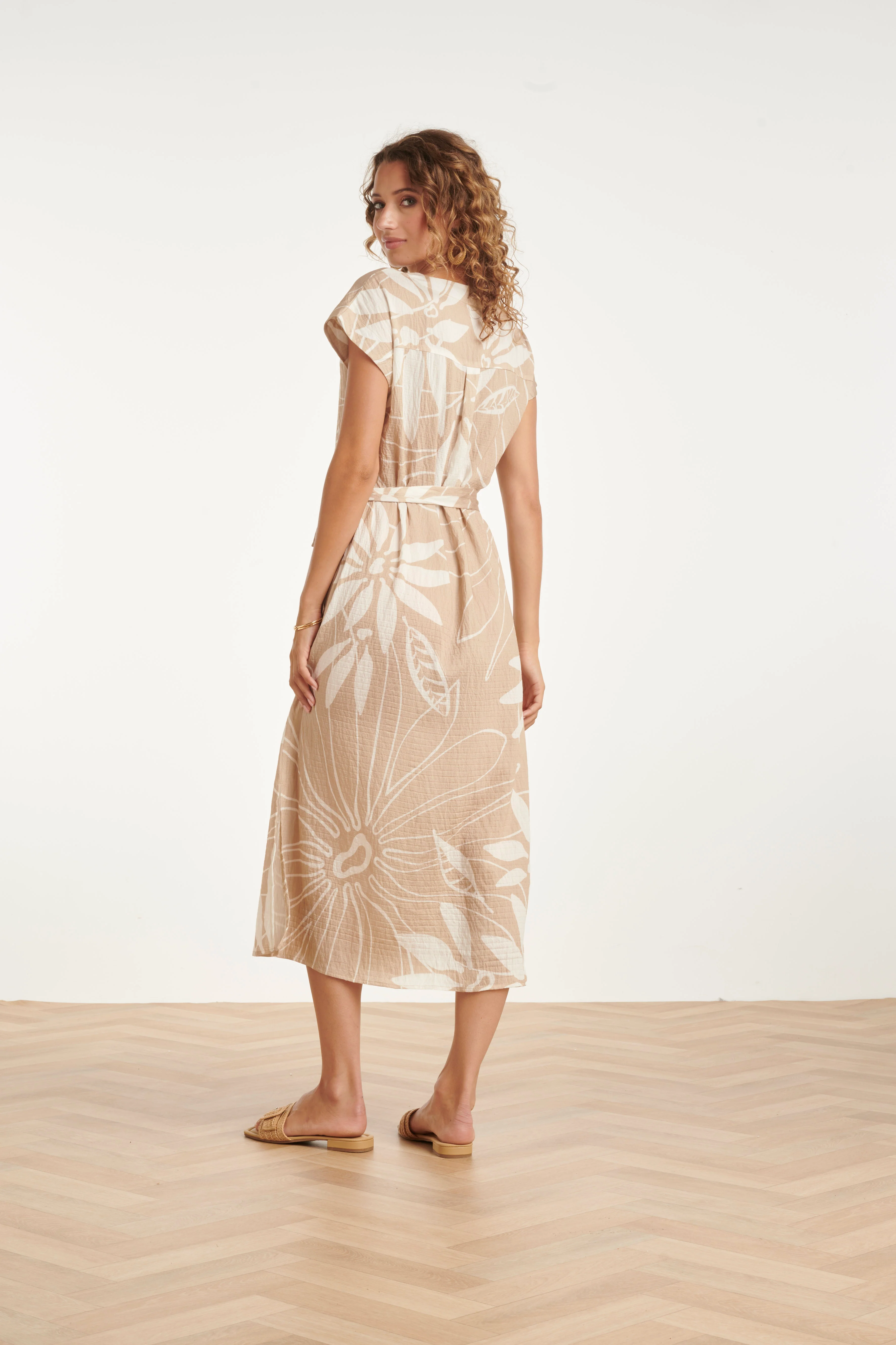 Midi-Jurk Met Bloemprint En Korte Mouwen - Beige/Wit | Dark Sand - Off White - Image 6