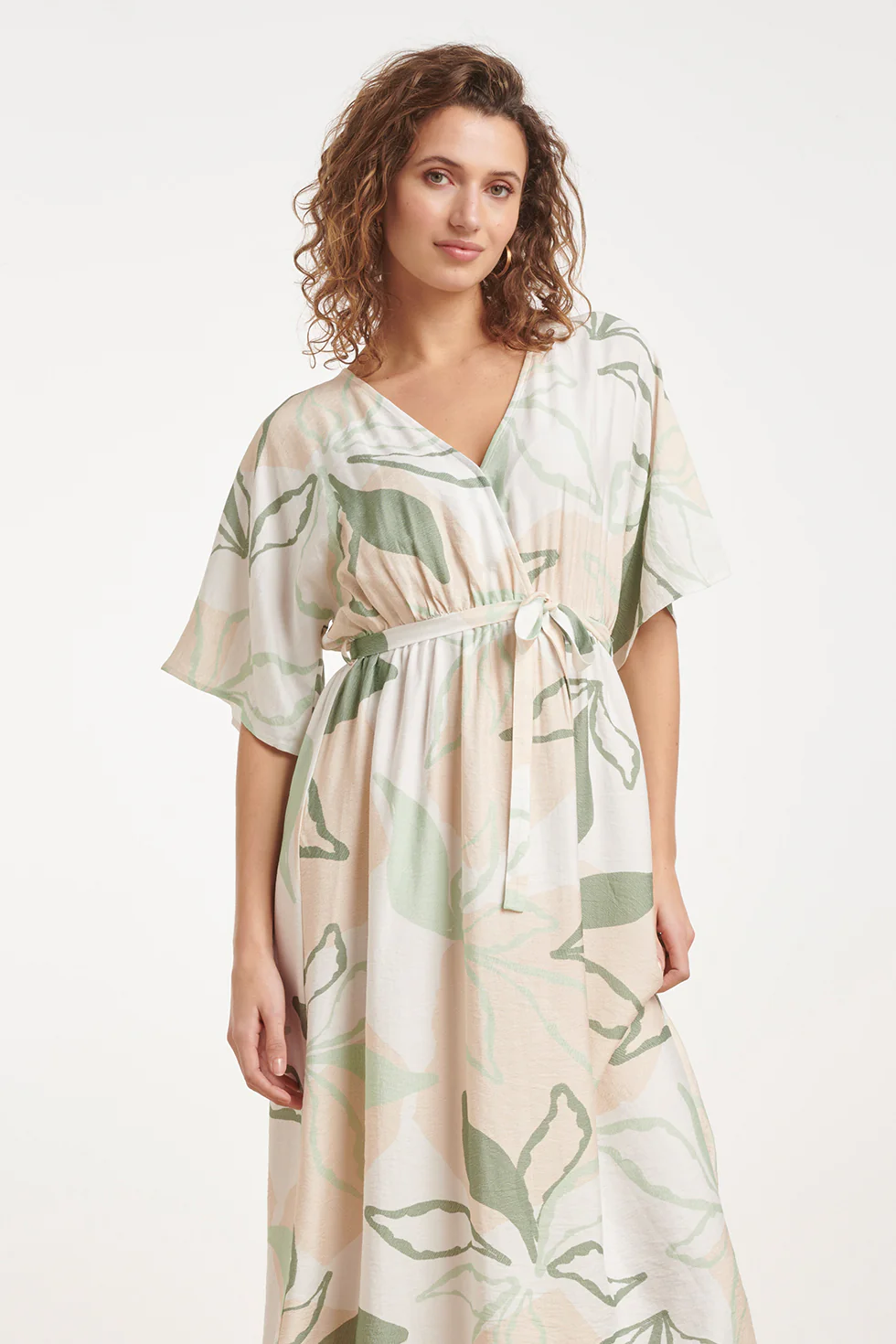 Midi Jurk Met Groene En Beige Bladprint En Ceintuur | Soft Green - Muticolour - Image 5