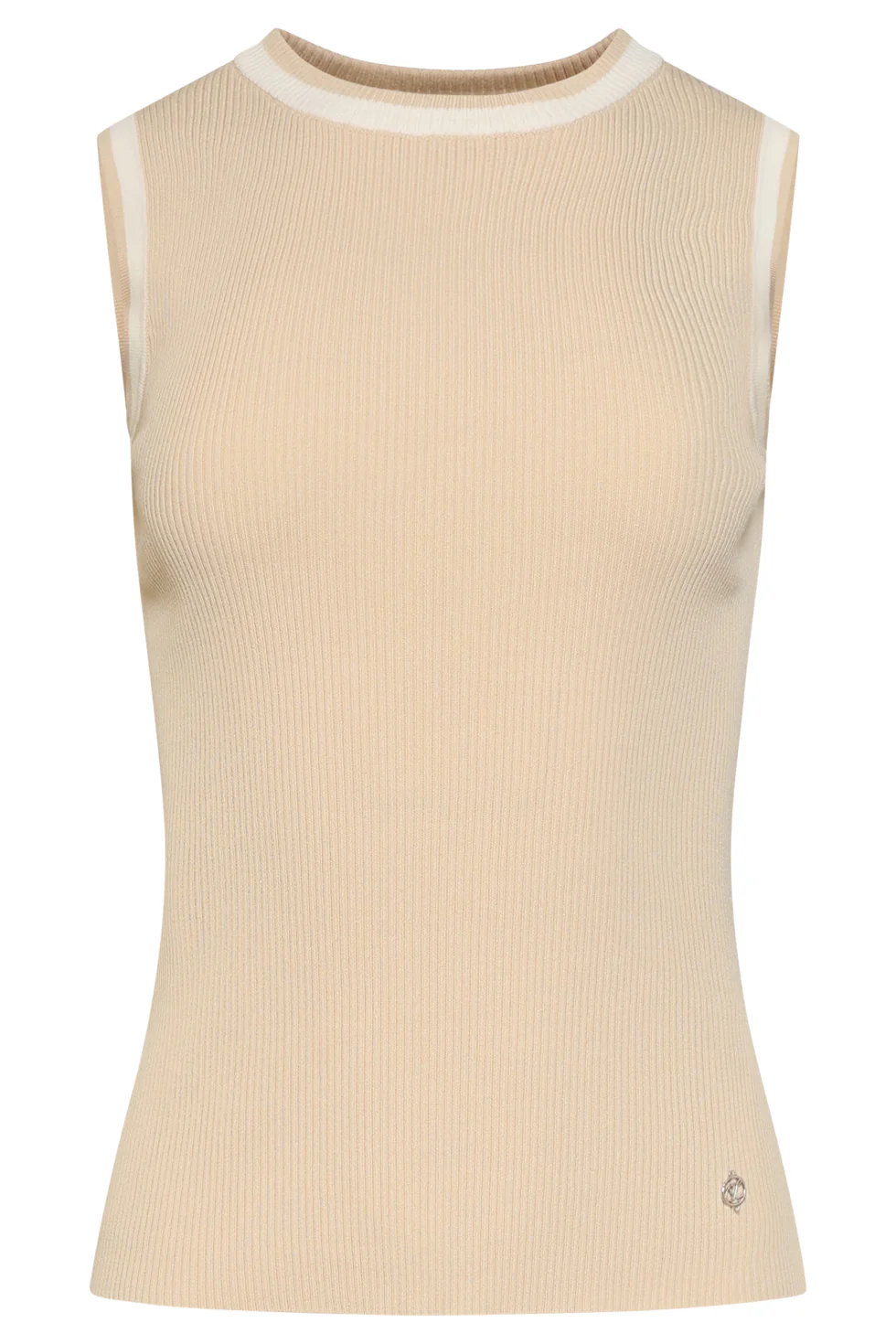 Mouwloze Rib Top Met Contrasterende Boorden | Sand - Off White - Image 4