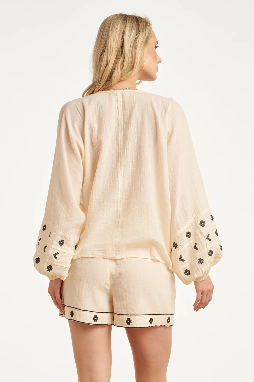 Off White Blouse Met Zwarte Borduursels En Strikkoord | Off White - Black - Image 12