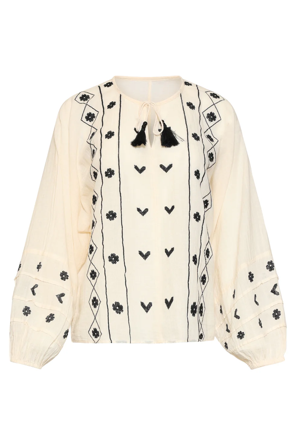 Off White Blouse Met Zwarte Borduursels En Strikkoord | Off White - Black - Image 3