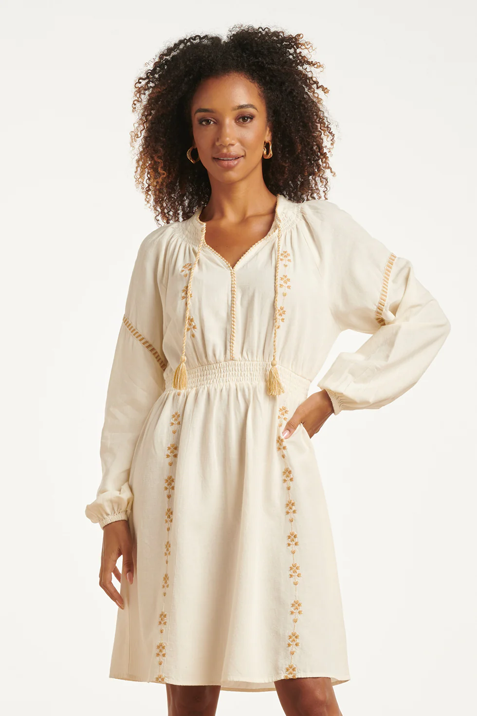Off White Jurk Met Gouden Borduursels En Taille Elastiek | Off White - Sand - Image 2