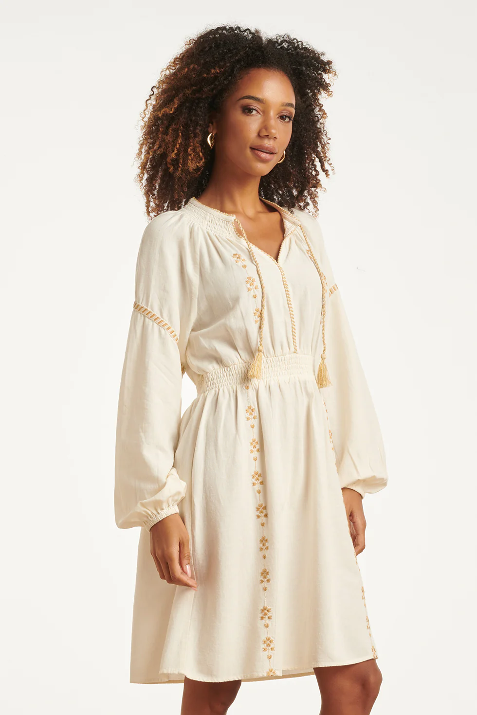 Off White Jurk Met Gouden Borduursels En Taille Elastiek | Off White - Sand - Image 8