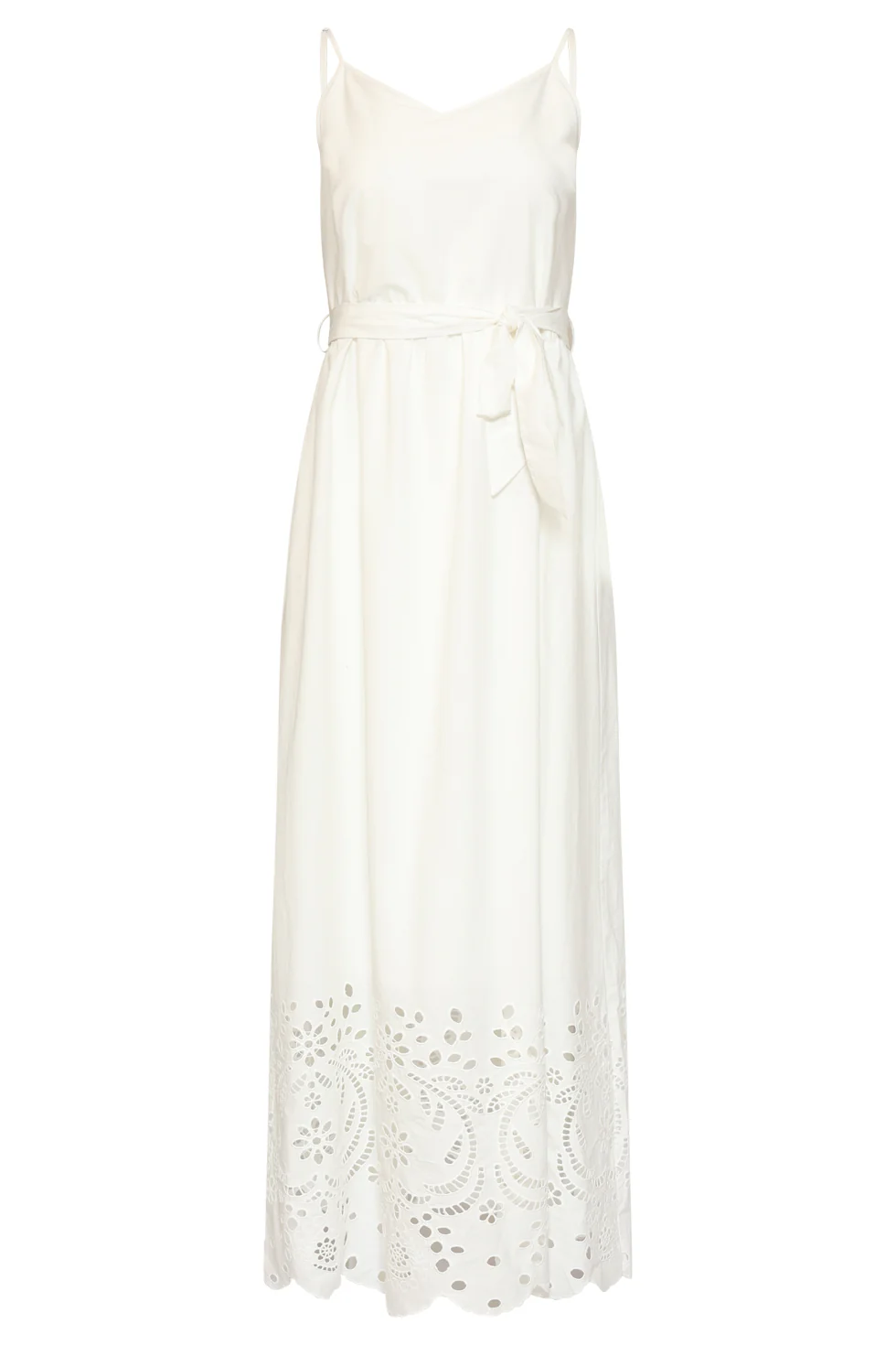 Off White Maxi Jurk Met Broderie En Ceintuur | White - Image 3