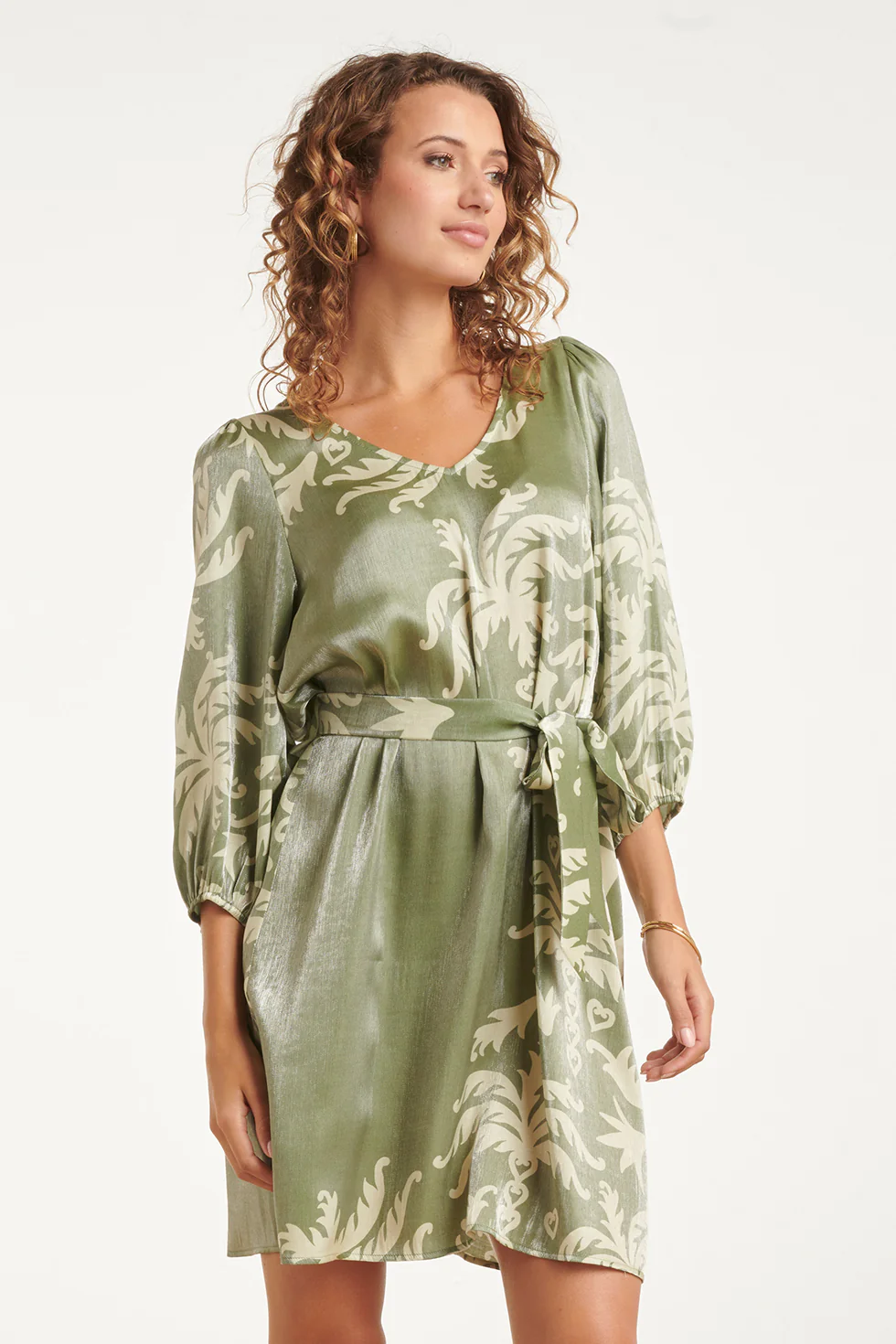 Olijfgroene Jurk Met Palmprint En Ceintuur | Army - Light Army - Image 4
