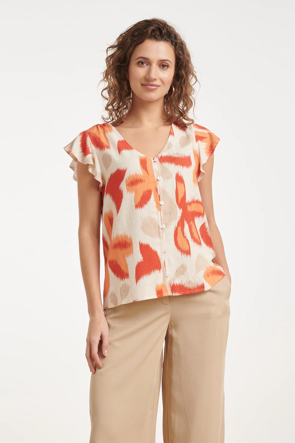 Oranje Bloe Print Blouse Met Knoopsluiting En Korte Mouwen | Sand - Muticolour