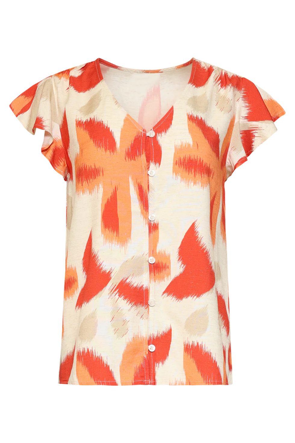 Oranje Bloe Print Blouse Met Knoopsluiting En Korte Mouwen | Sand - Muticolour - Image 2