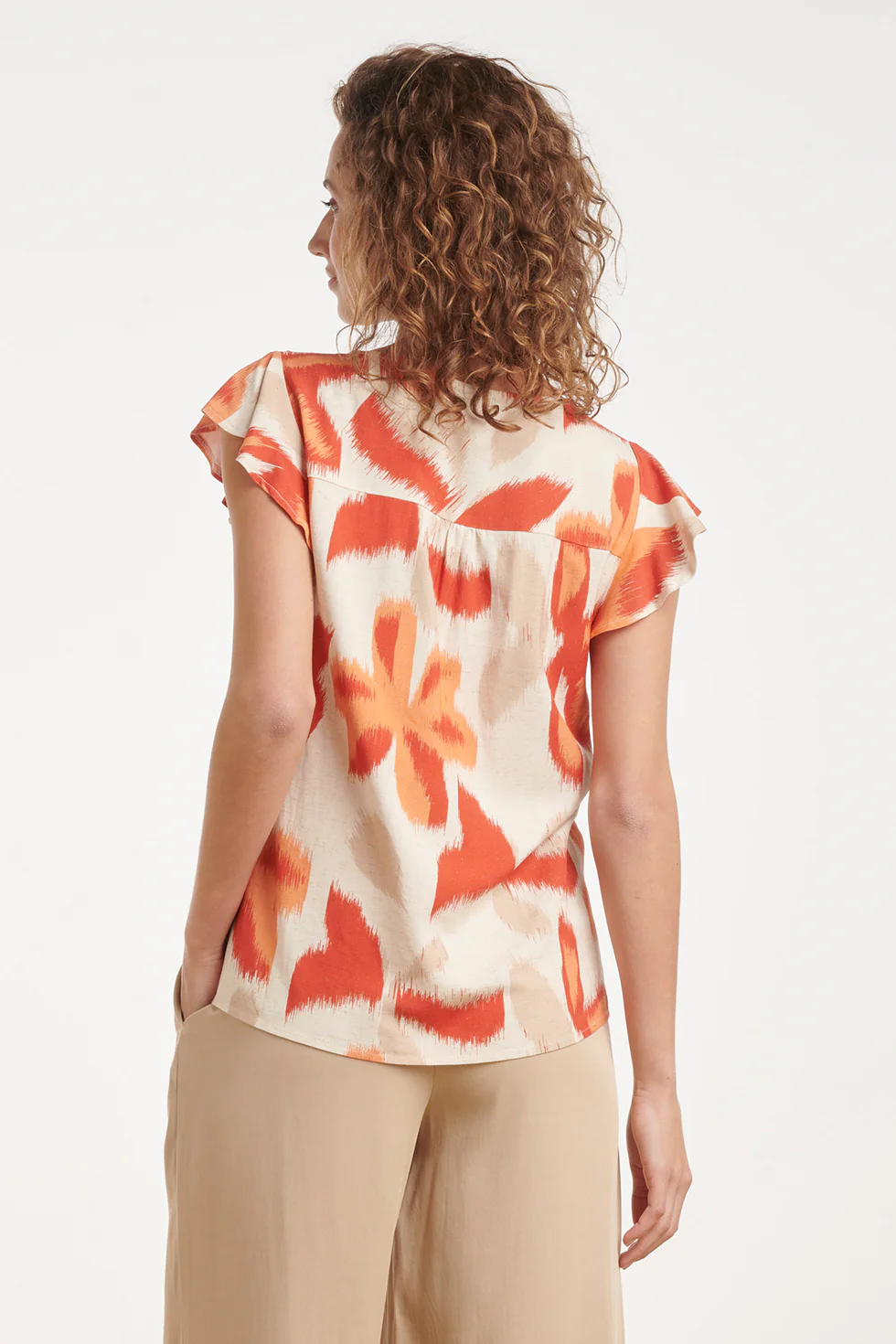 Oranje Bloe Print Blouse Met Knoopsluiting En Korte Mouwen | Sand - Muticolour - Image 7