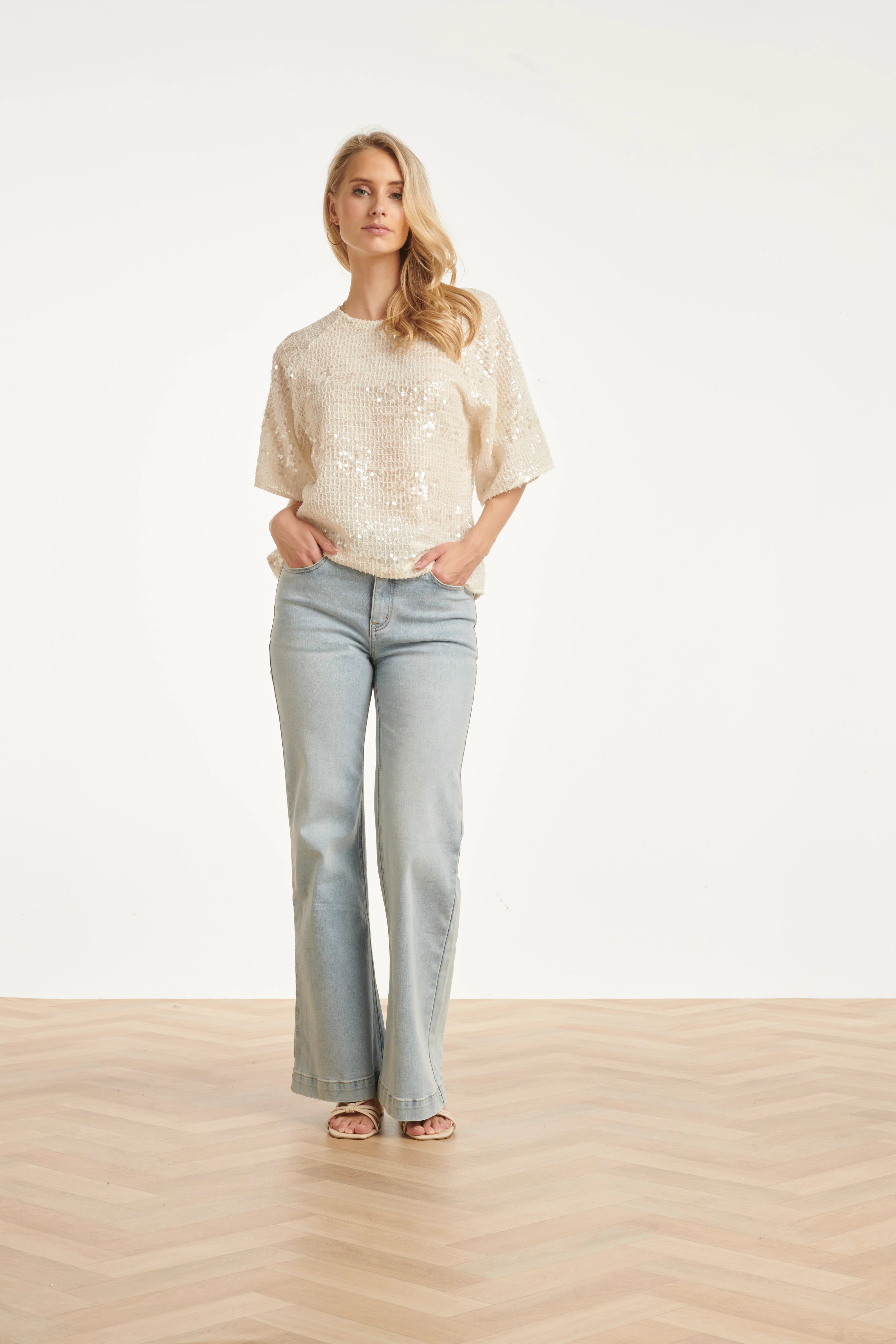 Pailletten Top Met Korte Mouwen En Relaxte Fit | Off White - Silver - Image 5