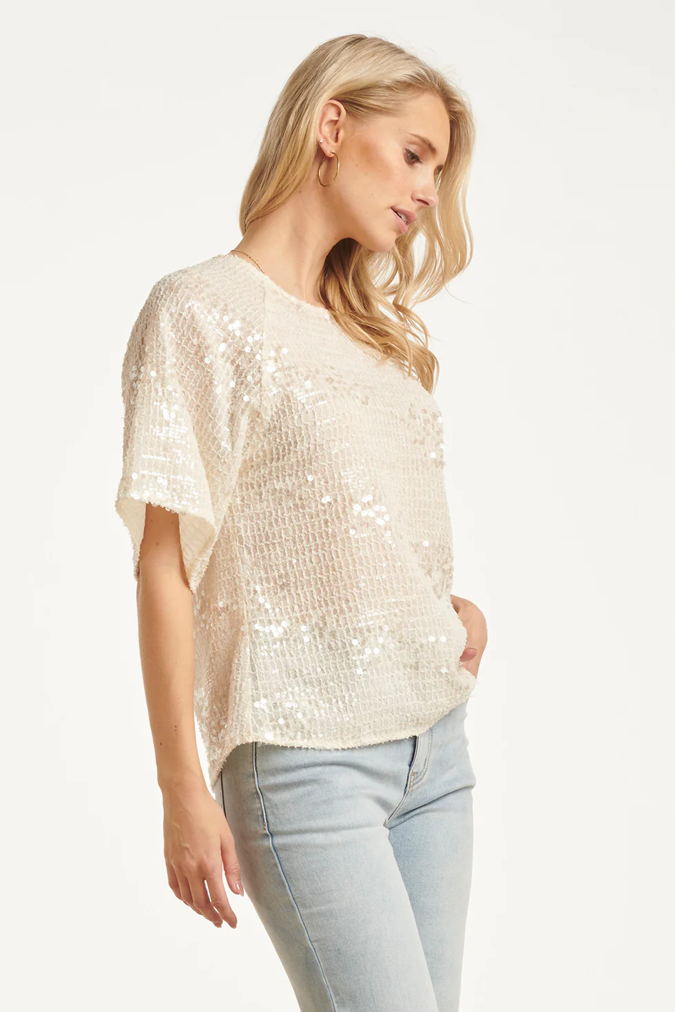 Pailletten Top Met Korte Mouwen En Relaxte Fit | Off White - Silver - Image 8