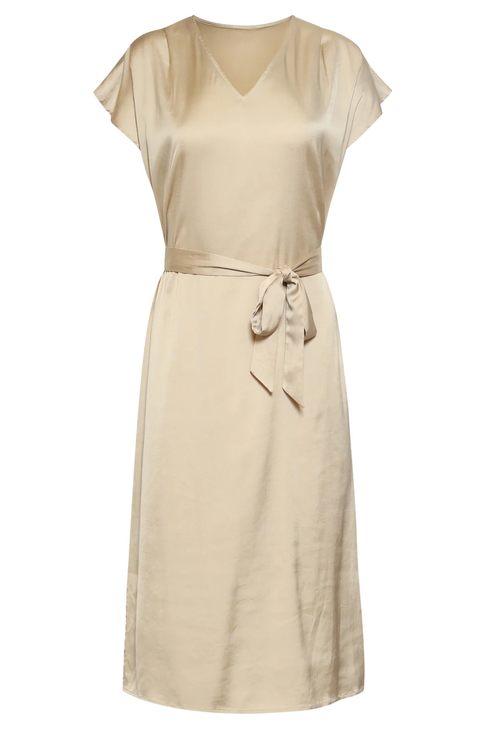 Satijn Midi-Jurk Met V-Hals En Strikceintuur | Dark Sand - Image 2