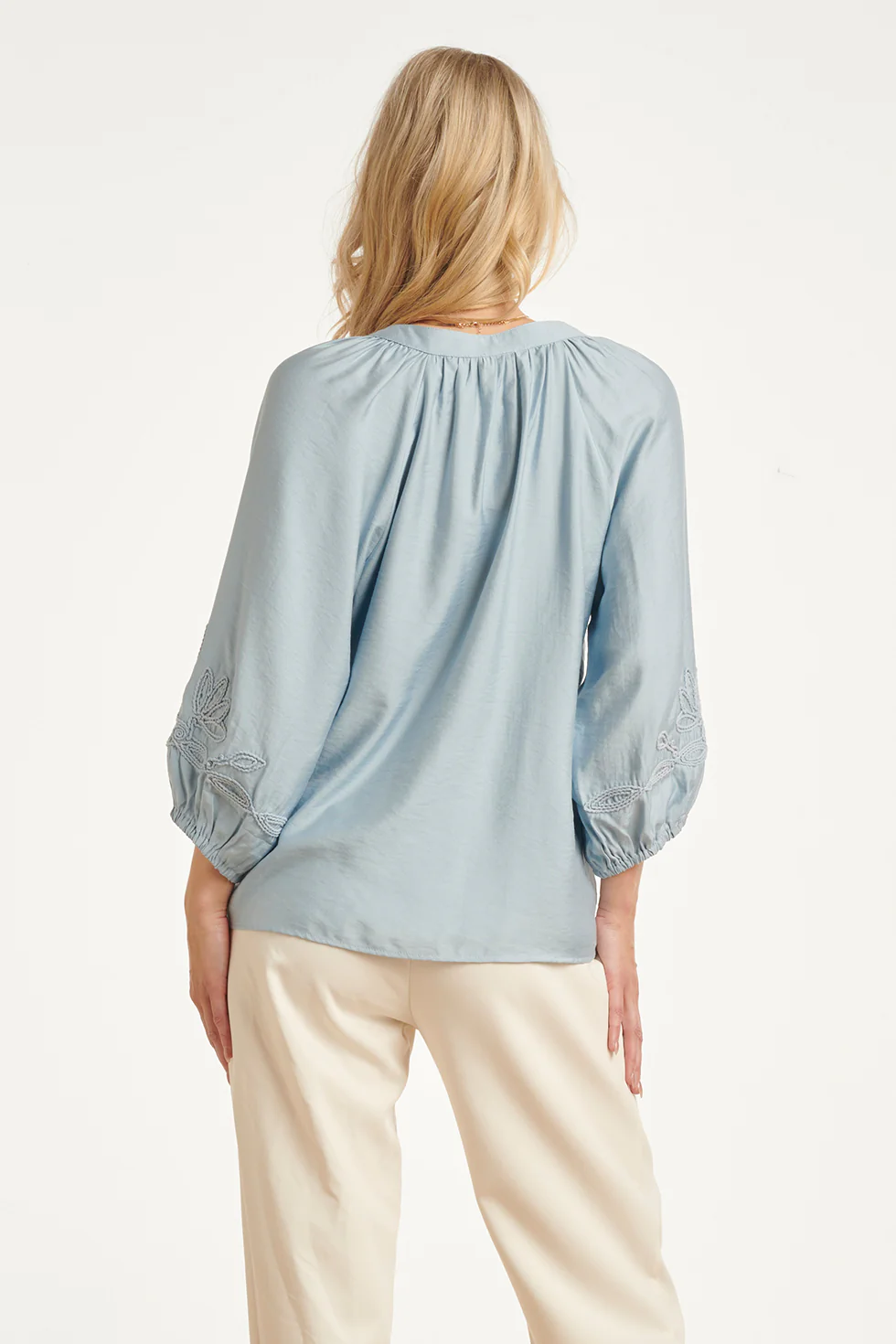 Soepelvallende Blouse Met Geborduurde Mouwen | Light Blue - Image 6