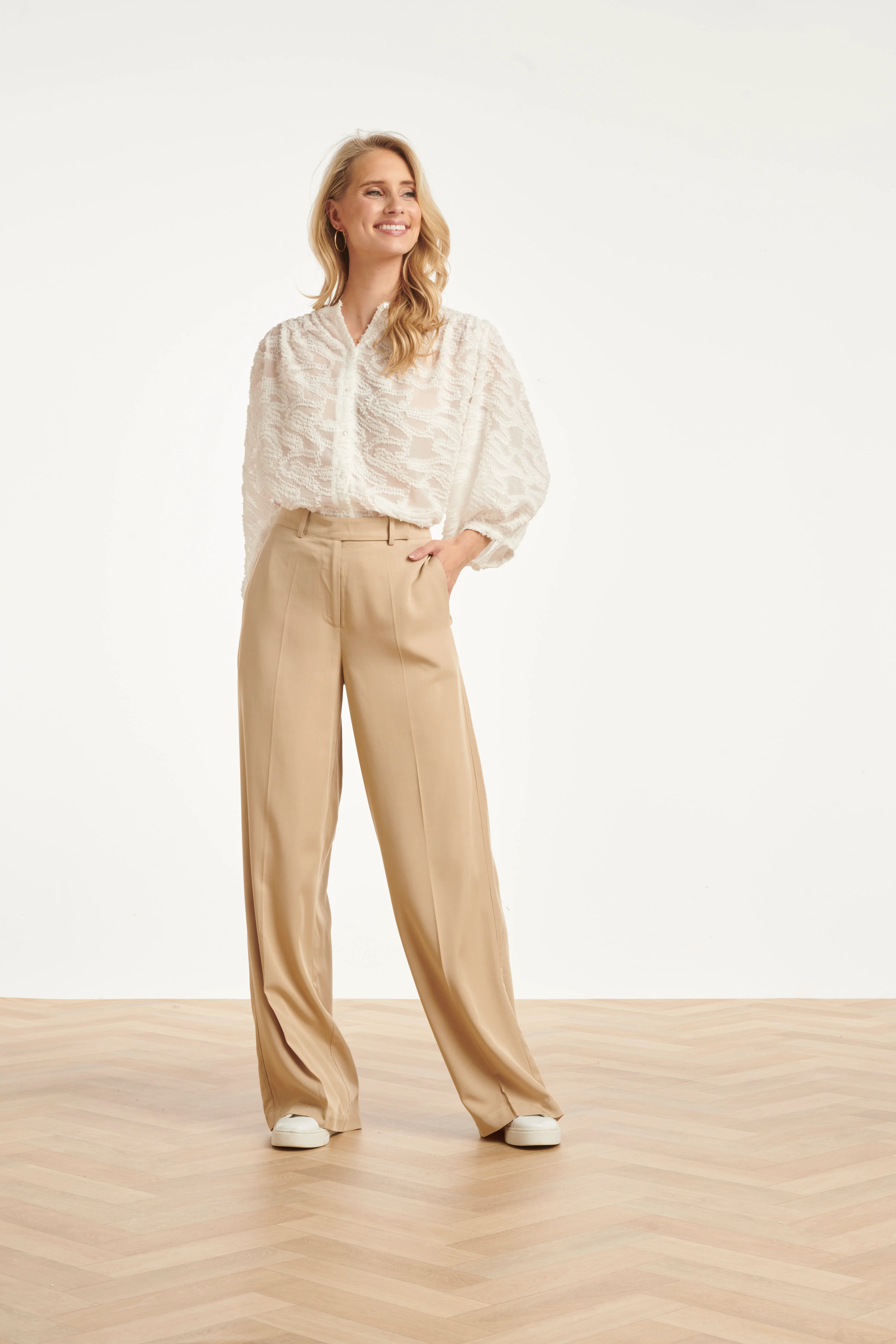 Structuur Blouse Met Knoopsluiting En 3/4 Mouwen | White