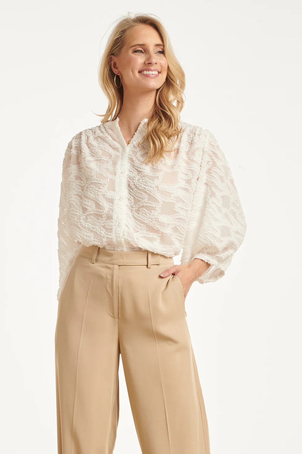 Structuur Blouse Met Knoopsluiting En 3/4 Mouwen | White - Image 2
