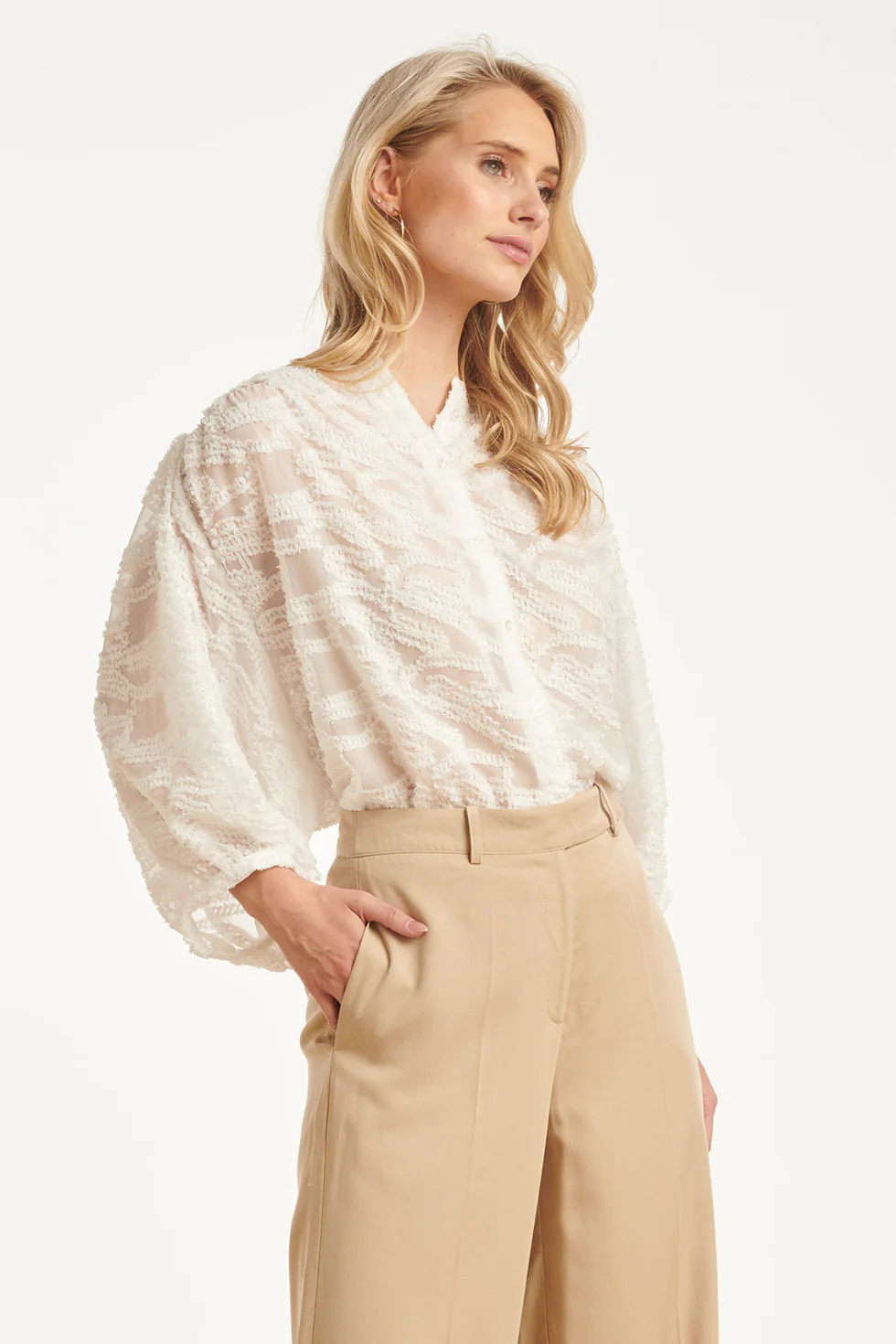 Structuur Blouse Met Knoopsluiting En 3/4 Mouwen | White - Image 8