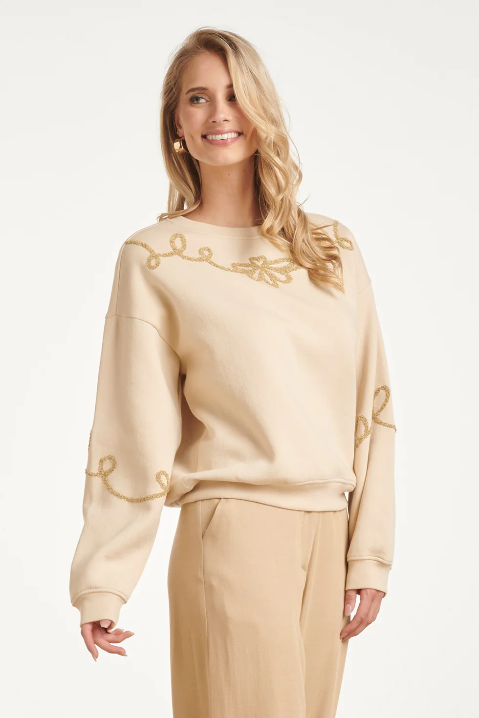 Sweater Met Goudkleurige Borduring | Off White - Dark Sand - Image 8