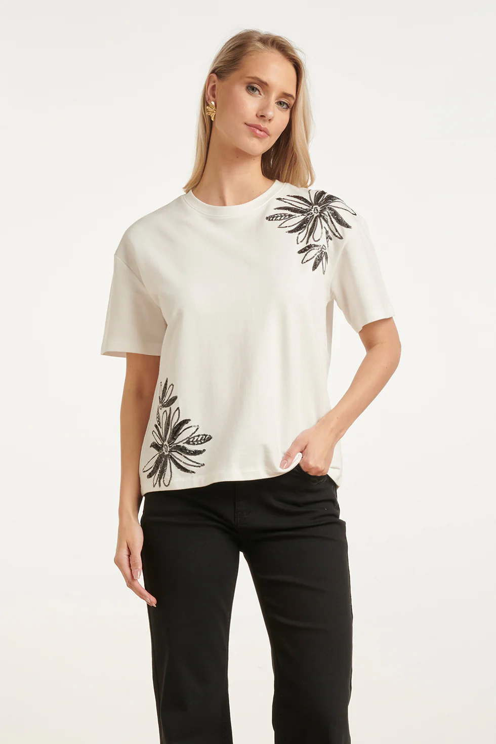 T-Shirt Met Luxe Bloemenprint En Pailletten | White - Black