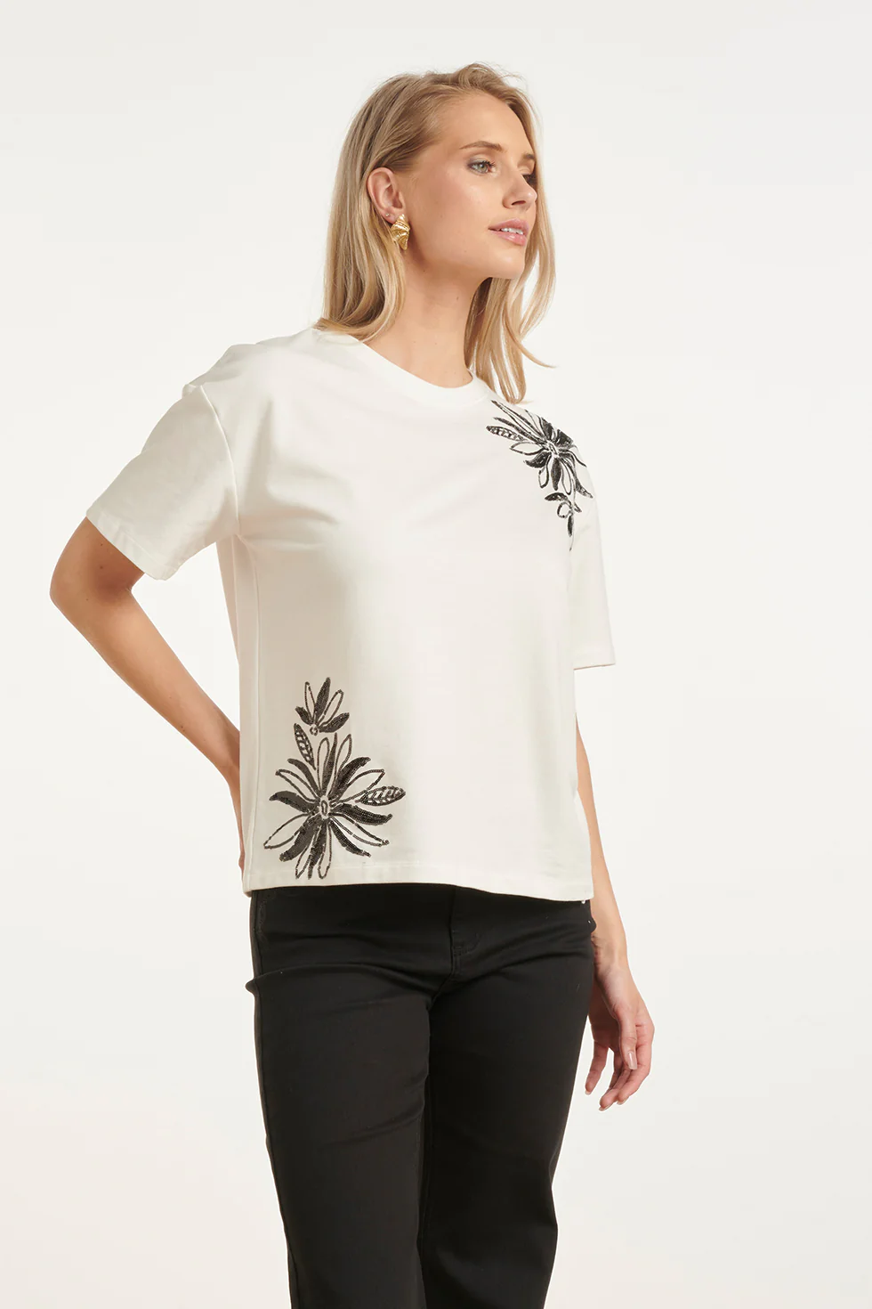 T-Shirt Met Luxe Bloemenprint En Pailletten | White - Black - Image 4