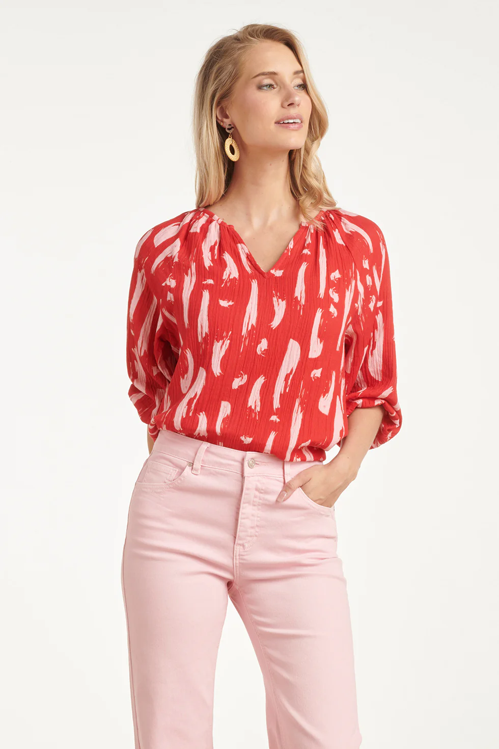 Top Met Abstracte Streep Print In Rood Met Roze | Red - Pink - Image 2
