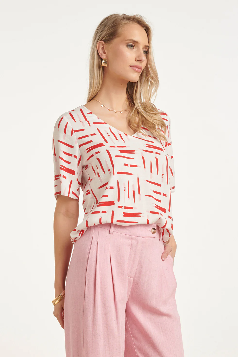 Top Met Grafische Streep Print Rood/Wit | White - Muticolour - Image 4