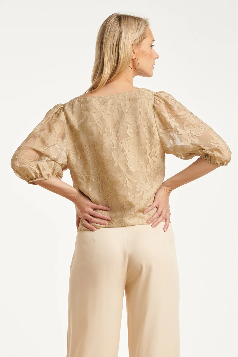 Top Met Jacquard Bloemenprint En V-Hals | Dark Sand - Image 12