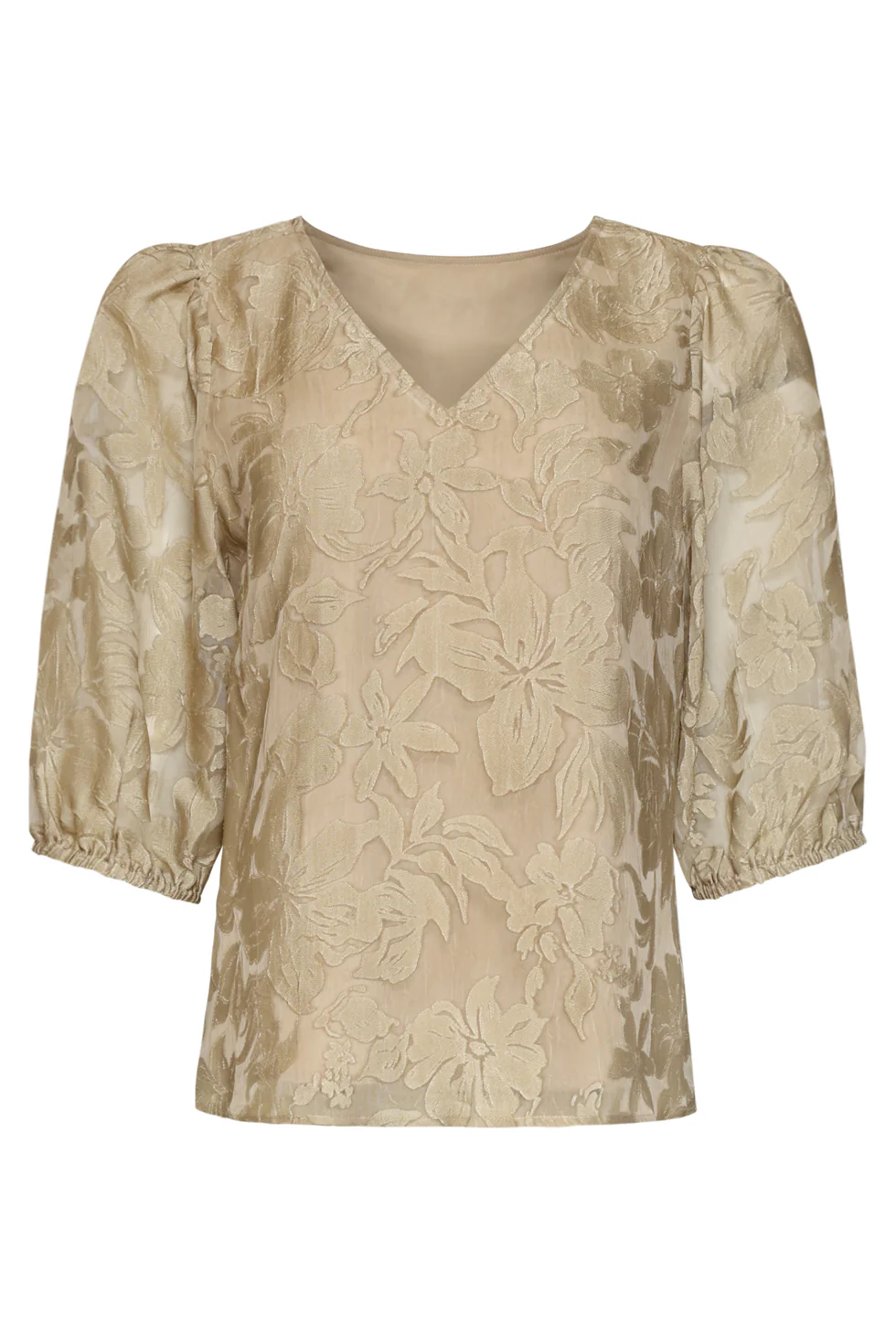 Top Met Jacquard Bloemenprint En V-Hals | Dark Sand - Image 3