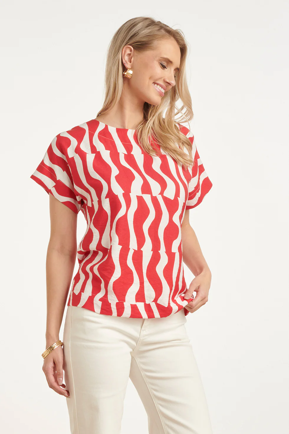 Top Met Korte Mouwen En Rood-Witte Golvende Print | Red - White - Image 4