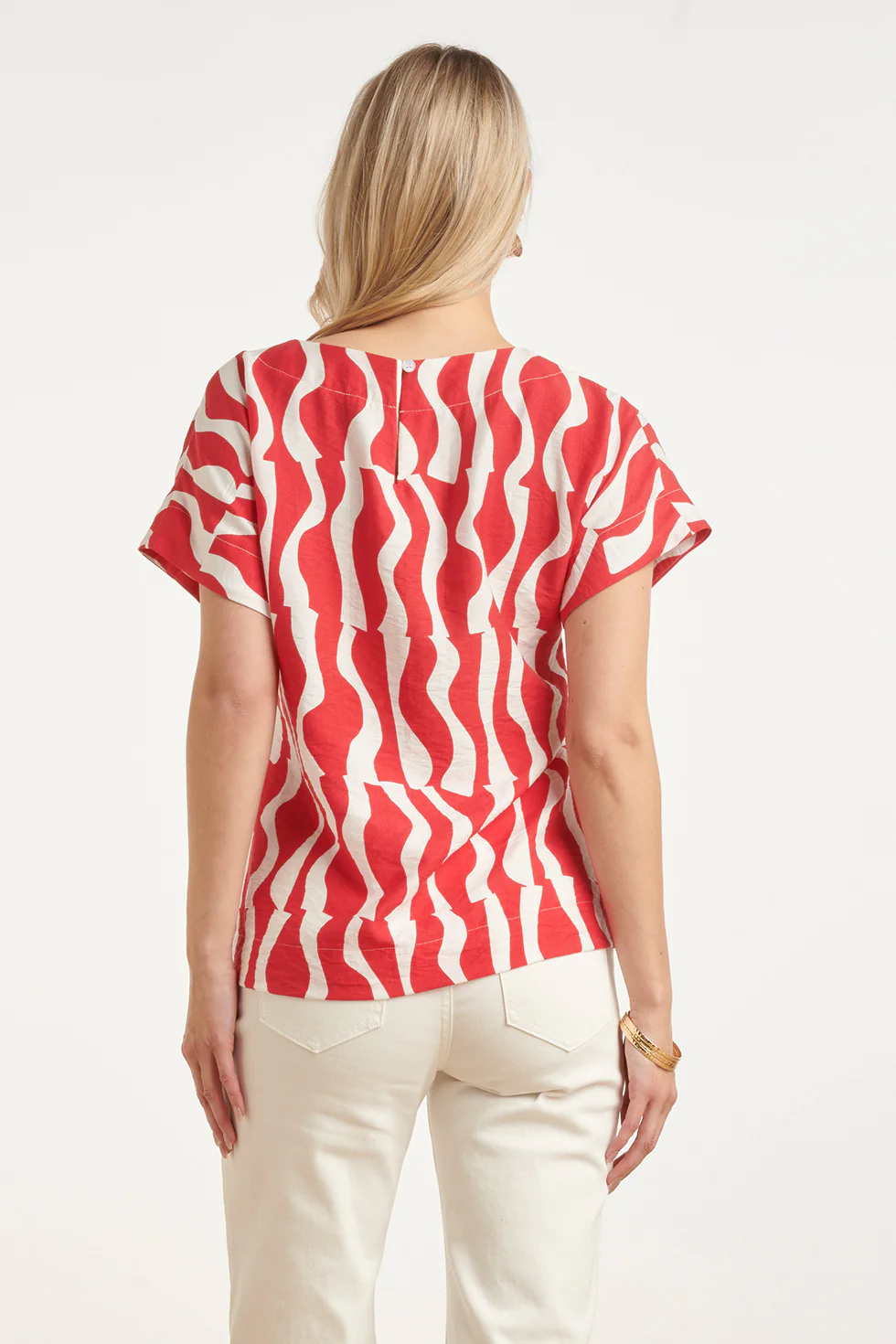 Top Met Korte Mouwen En Rood-Witte Golvende Print | Red - White - Image 6