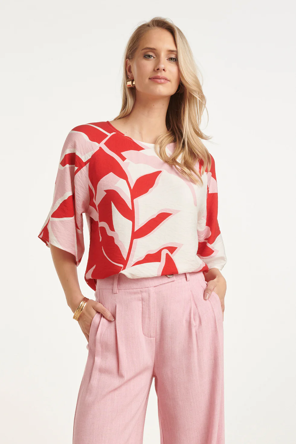 Top Met Wijde Mouwen En Botanische Print | Red - Pink